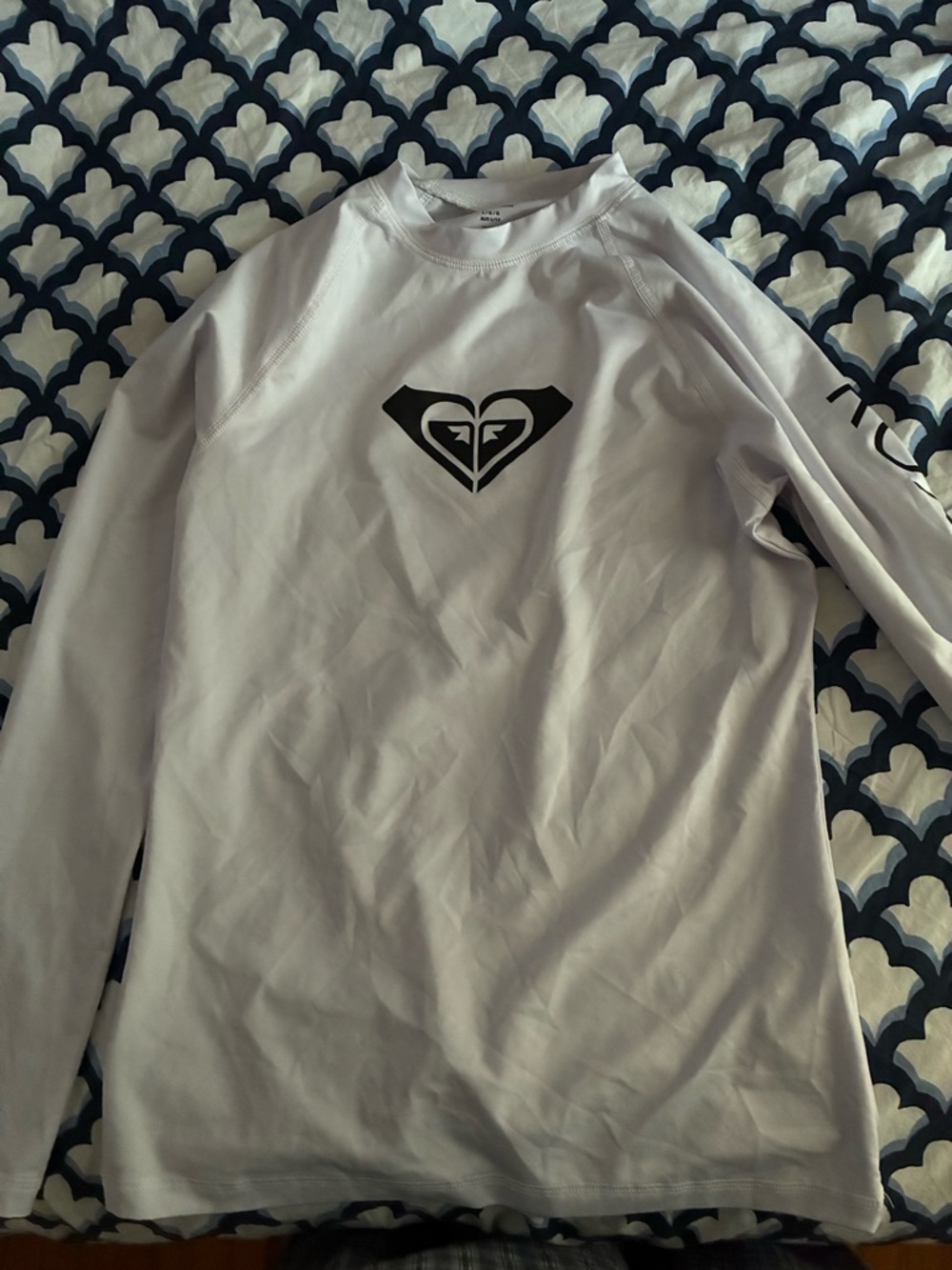 Roxy White Long-Sleeve Rash Guard with Navy Logo